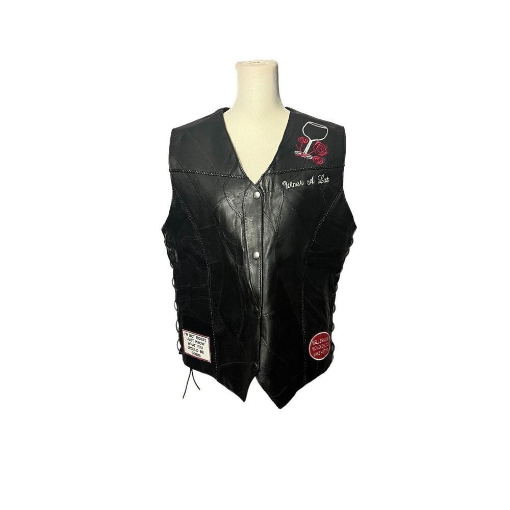 Leather Biker Vest Diamond Plate Lace Sides Genuine Leather Black